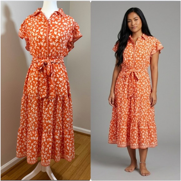 Max Studio London Tiered Midi Dress Women Size S Orange White Floral Excellent - Picture 10 of 10